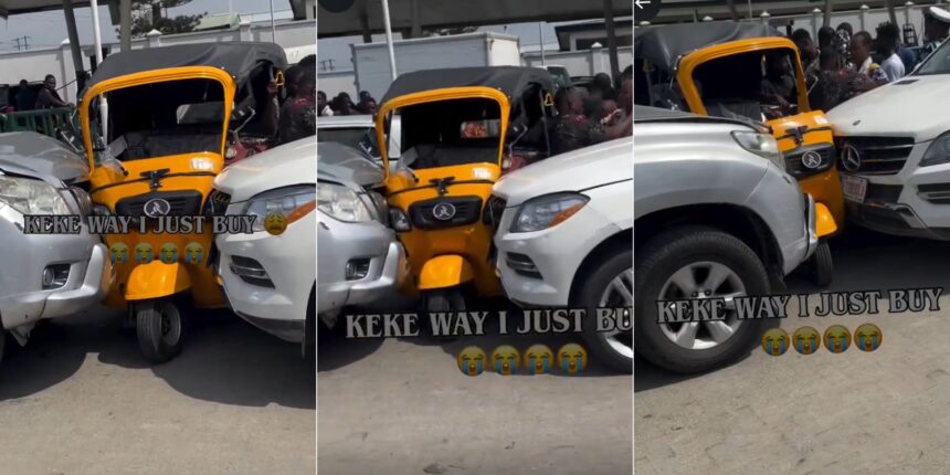 “Kasala left and right” – Chaos as keke gets bashed between two cars