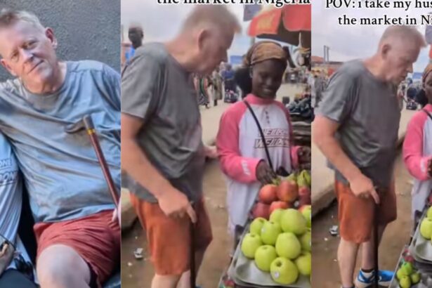 Lady leaves many Nigerian women envious as she takes German husband to market