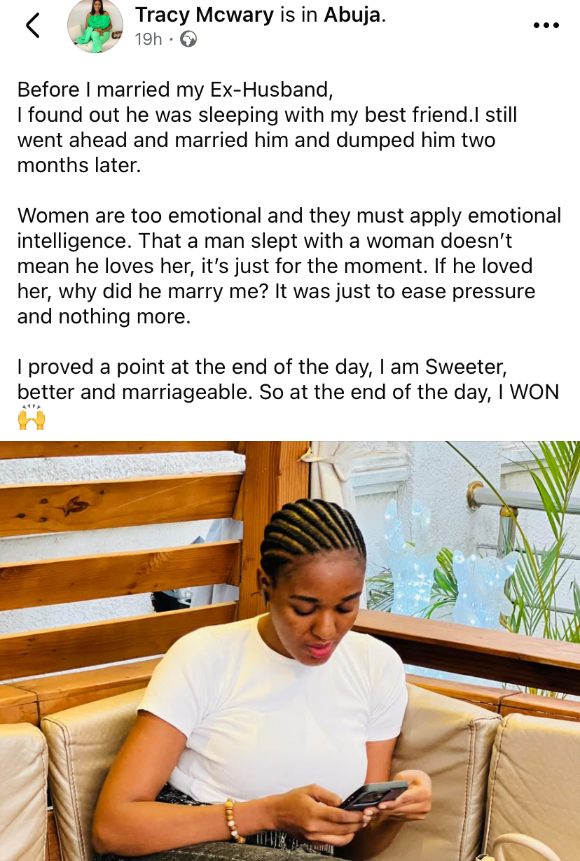 Lady marries man who slept with her bestie, dumps him after 2 months, says ‘she won’