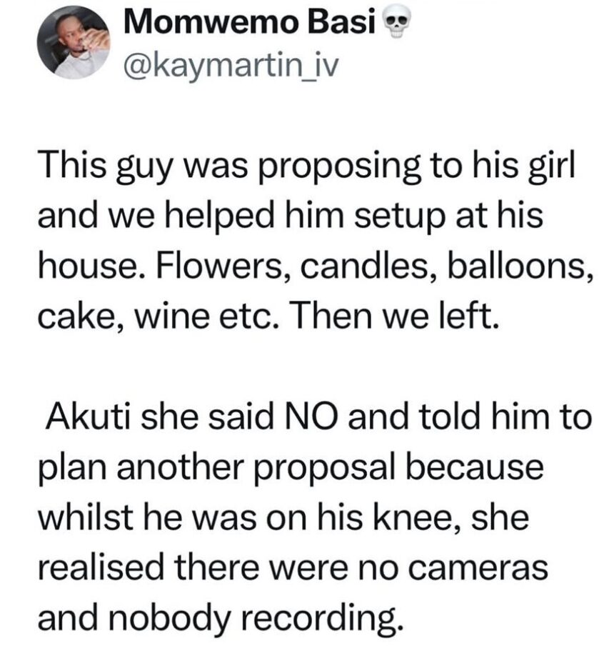 Lady rejects boyfriend’s proposal because nobody was recording