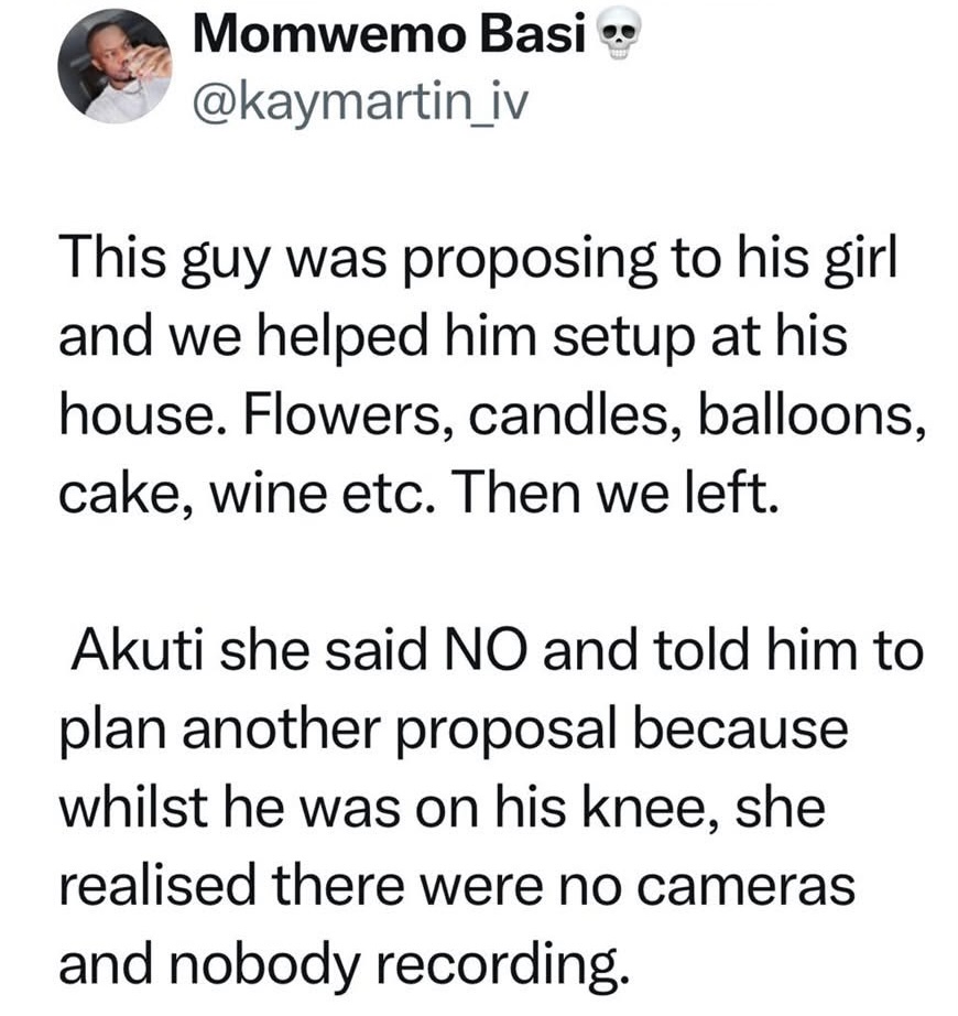 Lady rejects boyfriend’s proposal because nobody was recording