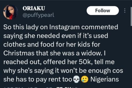Lady reveals hilarious demands a widow made after giving her 50k for Christmas