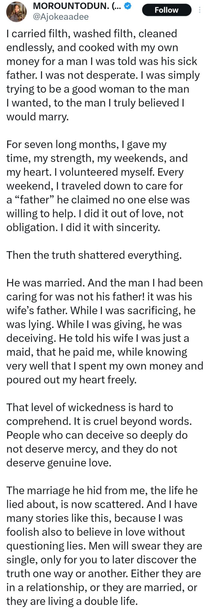 Lady shares how man deceived her into caring for his in-laws while hiding his marriage