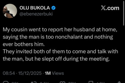 Lady travels home to report husband over nonchalance; family holds meeting, he dozes off