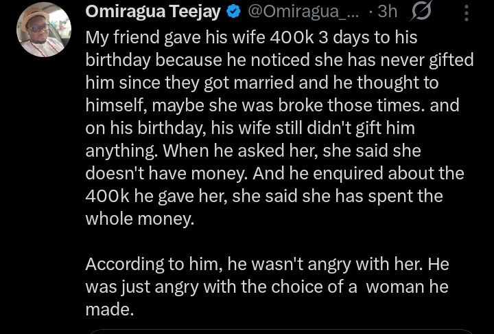 Man gives wife N400,000 three days before birthday, receives no gift in return
