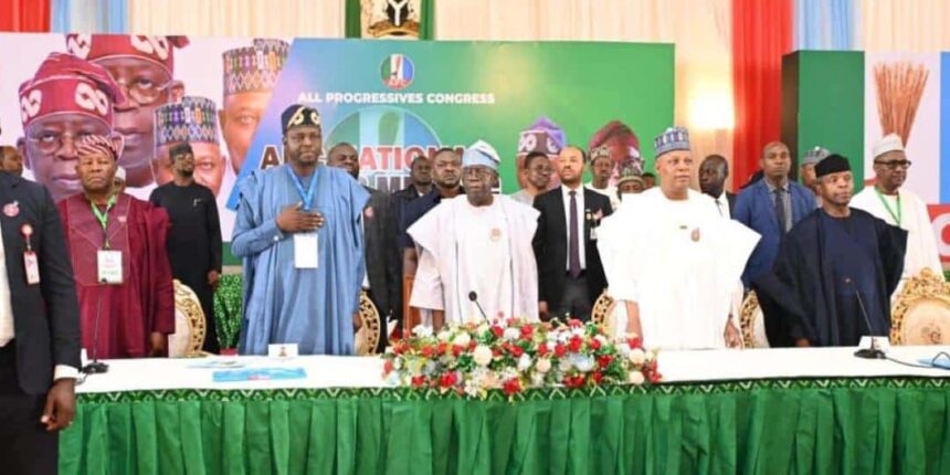 Moment old National Anthem ‘mistakenly’ played during APC caucus meeting at presidential villa