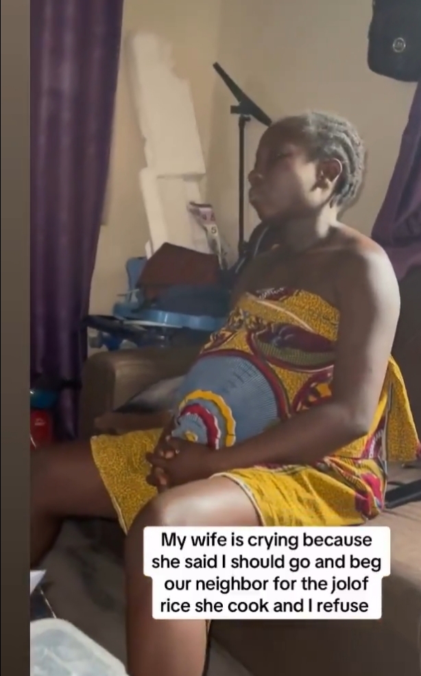 Pregnant wife bursts into tears as husband refuses to go beg neighbour Jollof rice