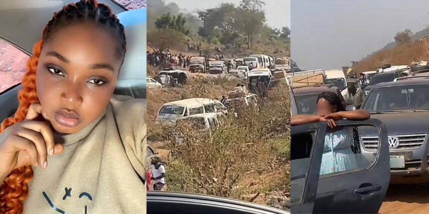 “Since morning we still dey road” – Lady cries out after being stuck in Abuja–Lokoja traffic