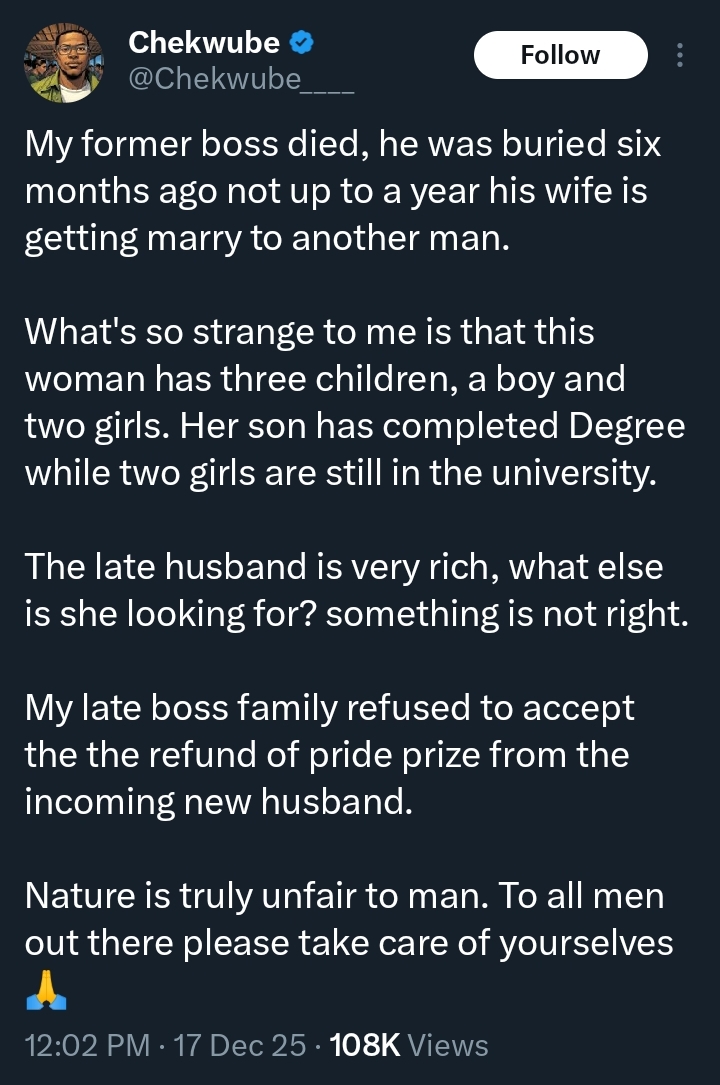 “Something is not right” – Man reveals strange thing woman did 6 months after husband’s death