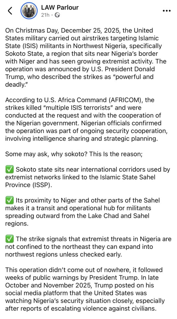“Why Trump chose Sokoto as first location to bomb ISIS terrorists” – Lawyer