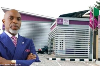 A photo of Wema Bank branch in Lagos and CEO, Moruf Oseni