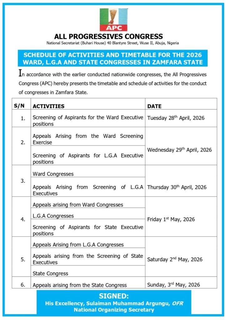 Zamfara APC releases timetable for 2026 congresses