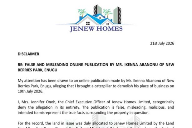 Disclaimer: False and misleading online publication by Ikenna Abanonu of New Berries Park, Enugu
