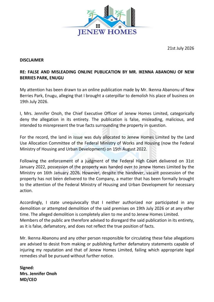 Disclaimer: False and misleading online publication by Ikenna Abanonu of New Berries Park, Enugu