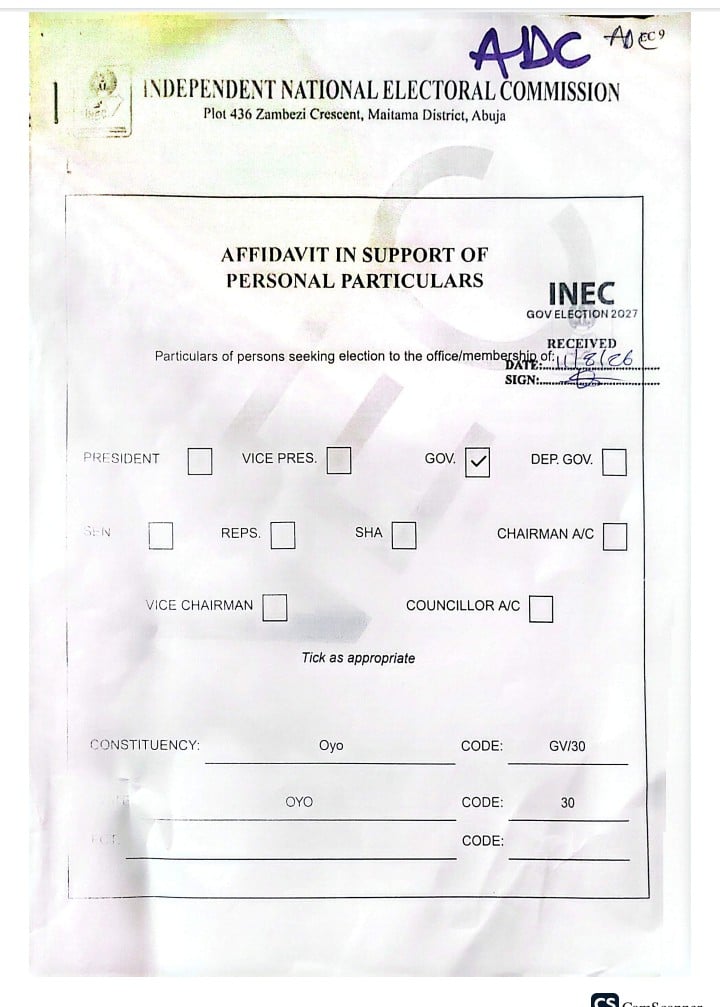Oyo 2027: INEC confirms Adegoke as ADC guber candidate 