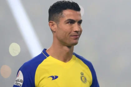 Ronaldo reacts as he scores in his first game of season for Al-Nassr